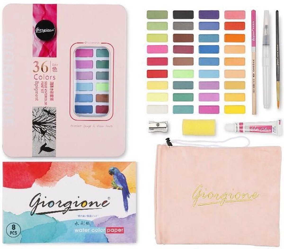 Giorgione® Professionele Aquarelverf set met 36 kleuren – Aquarel – Hobby Schilderen – Penseelstiften – Waterverf kwasten – Roze – Aquarelset – De perfecte aquarelverf set voor volwassenen & kinderen