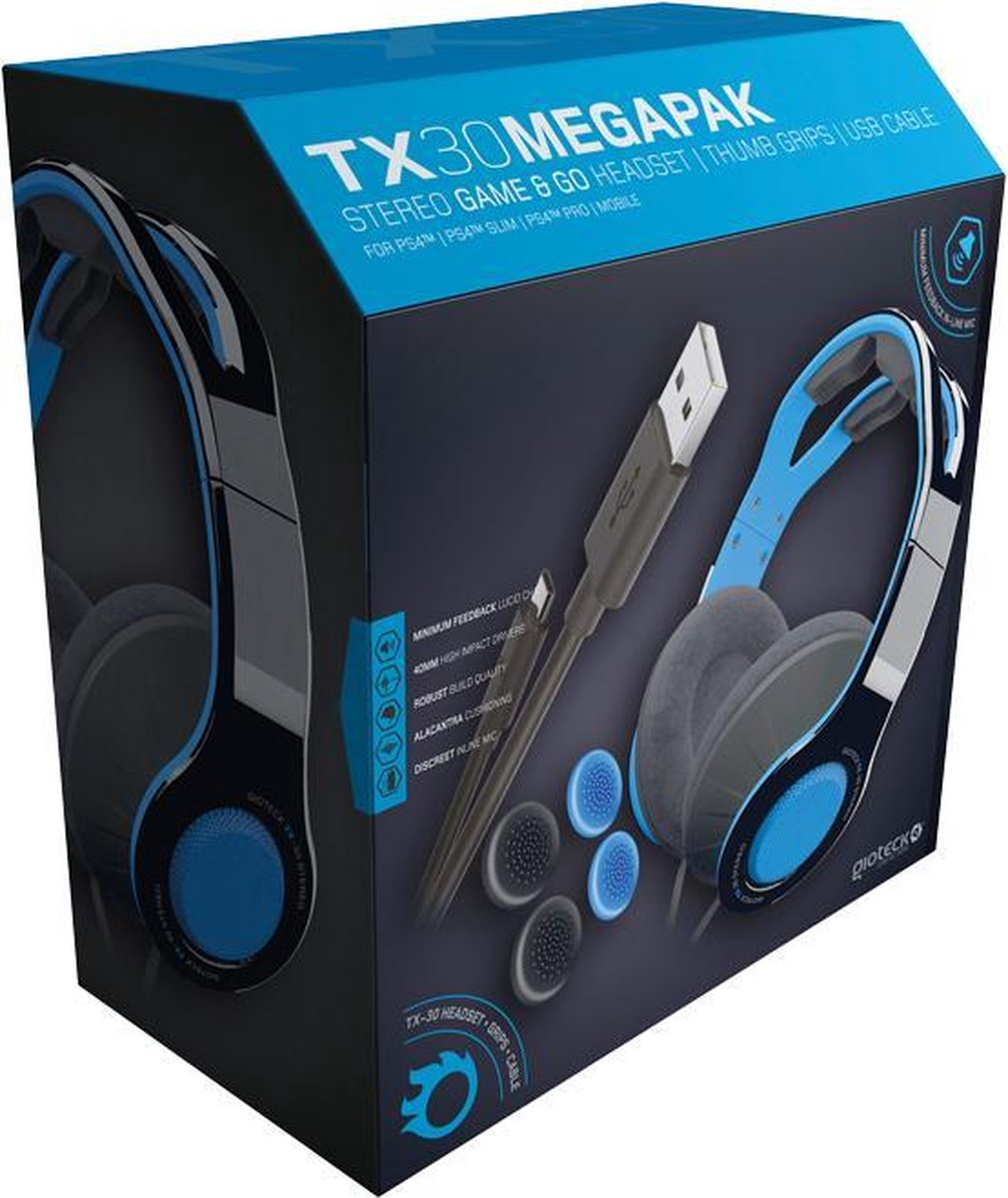 TX30 Megapack - Stereo Game&Go Headset + Duimgrepen + USB-oplaadkabel voor PS4