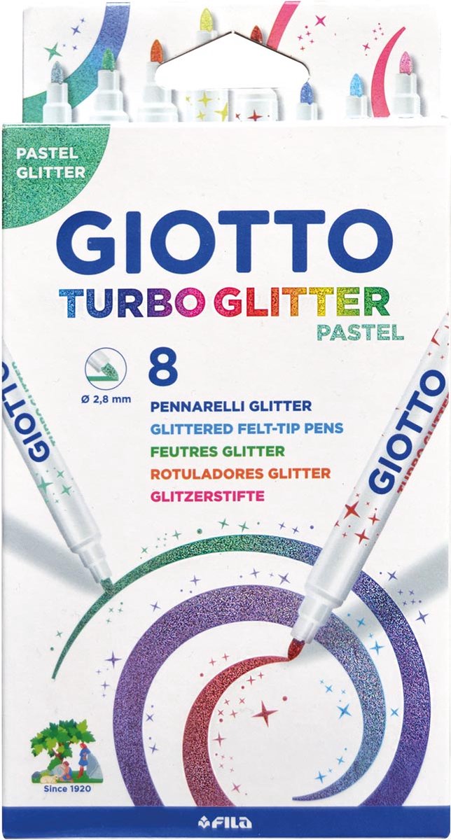 Giotto Turbo glitter viltstiften, kartonnen etui met 8 stuks, pastel kleuren