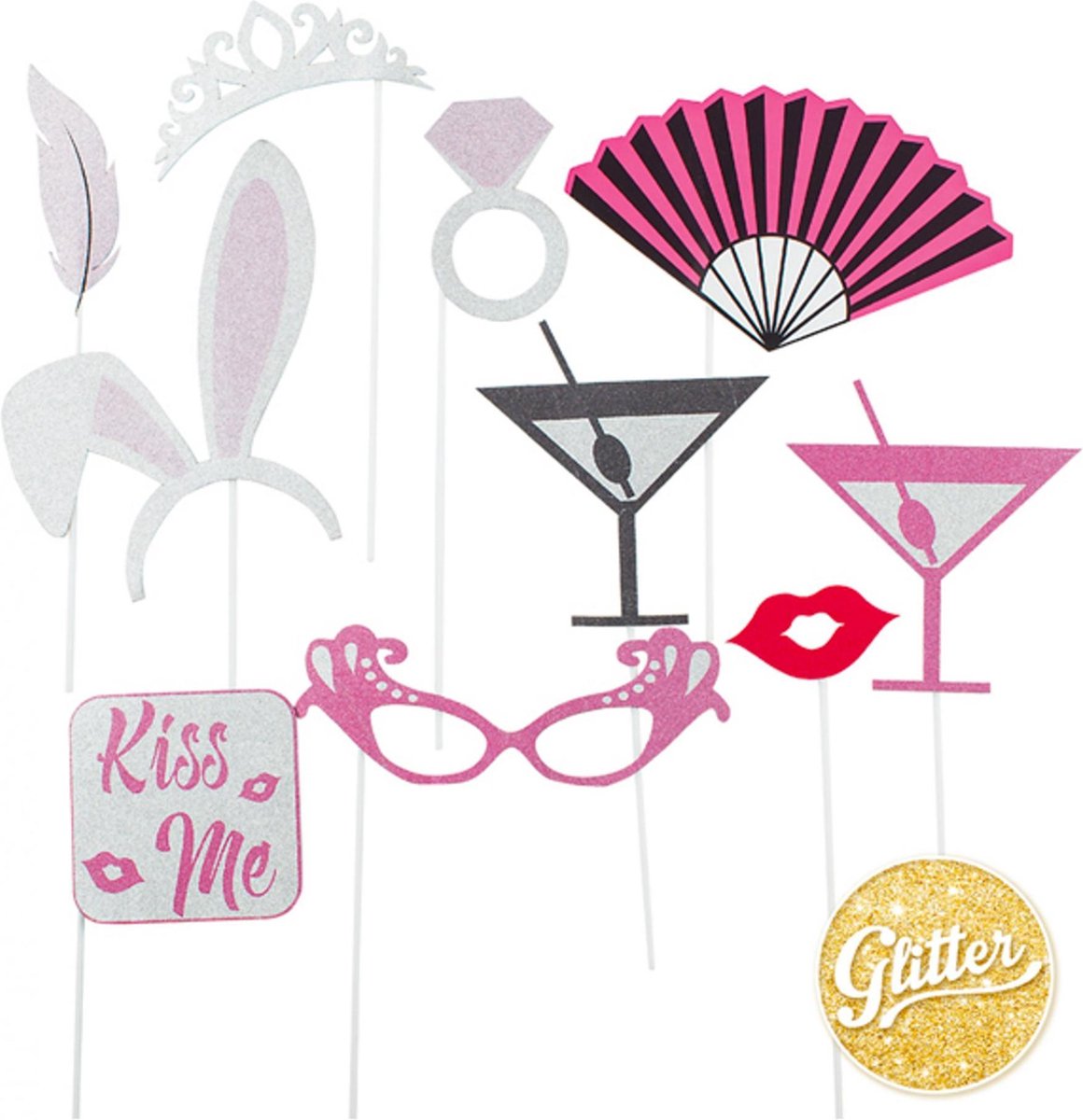   foto prop set - 10-delig - glitter - vrijgezellenfeest - bruiloftsfeest - photo booth accessoires