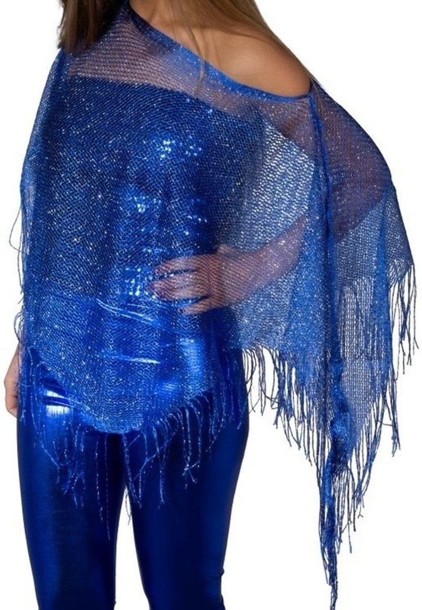 Blauwe visnet poncho/ omslagdoek/ stola dames - Blauwe Toppers glitter carnaval/ verkleed kleding