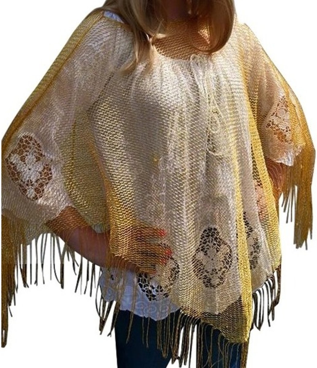 Gouden visnet poncho/ omslagdoek/ stola dames - Gouden glitter carnaval/ verkleed kleding