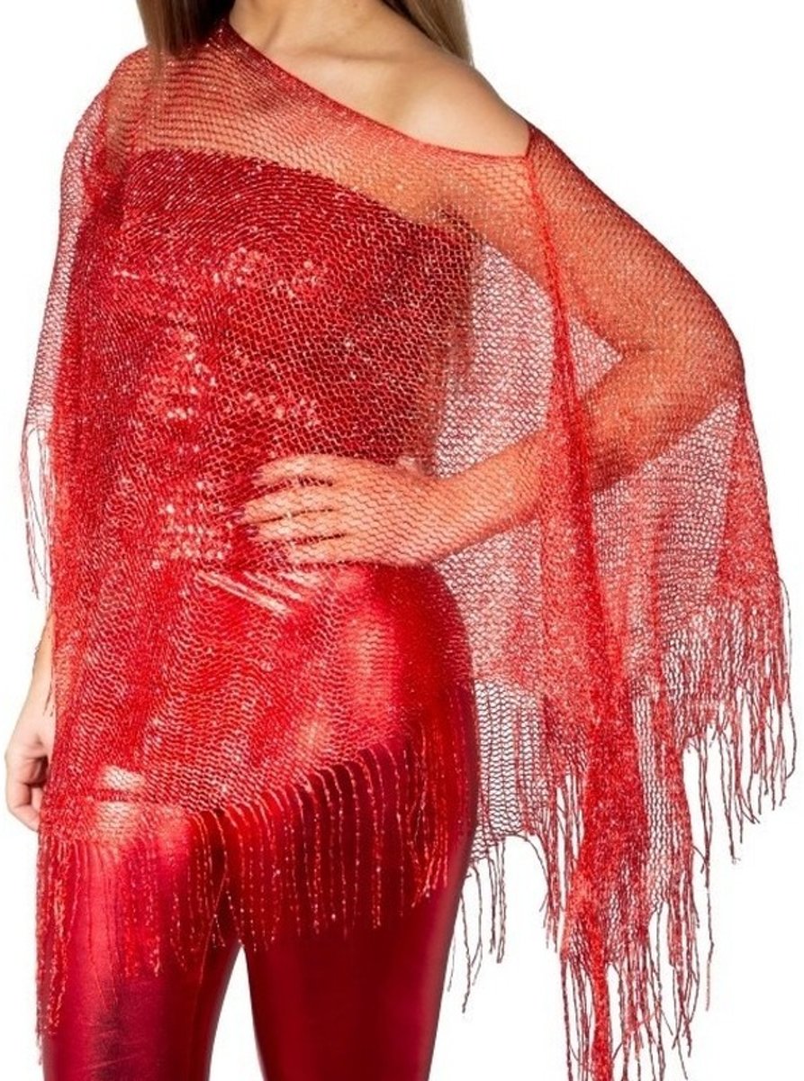 Rode visnet poncho/ omslagdoek/ stola dames - Rode Toppers glitter carnaval/ verkleed kleding