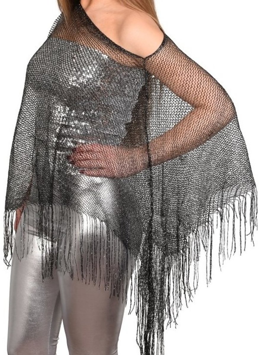 Zilveren visnet poncho/ omslagdoek/ stola dames - Zilveren glitter carnaval/ verkleed kleding