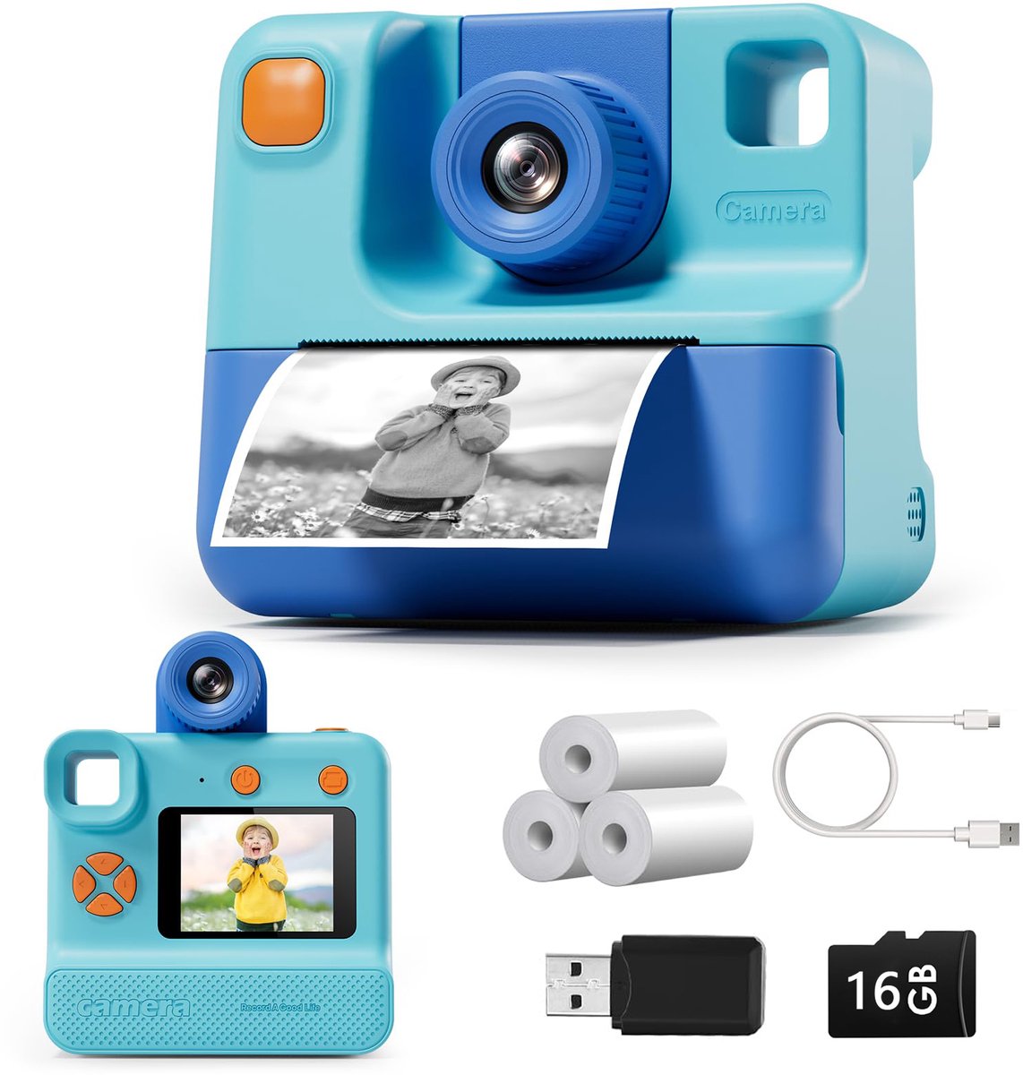   -Kindercamera - Vloggen - 16GB SD Kaart - Inktvrij - Instant Print - Camera Kinderen - Klein Formaat Speelgoed - - Blauw