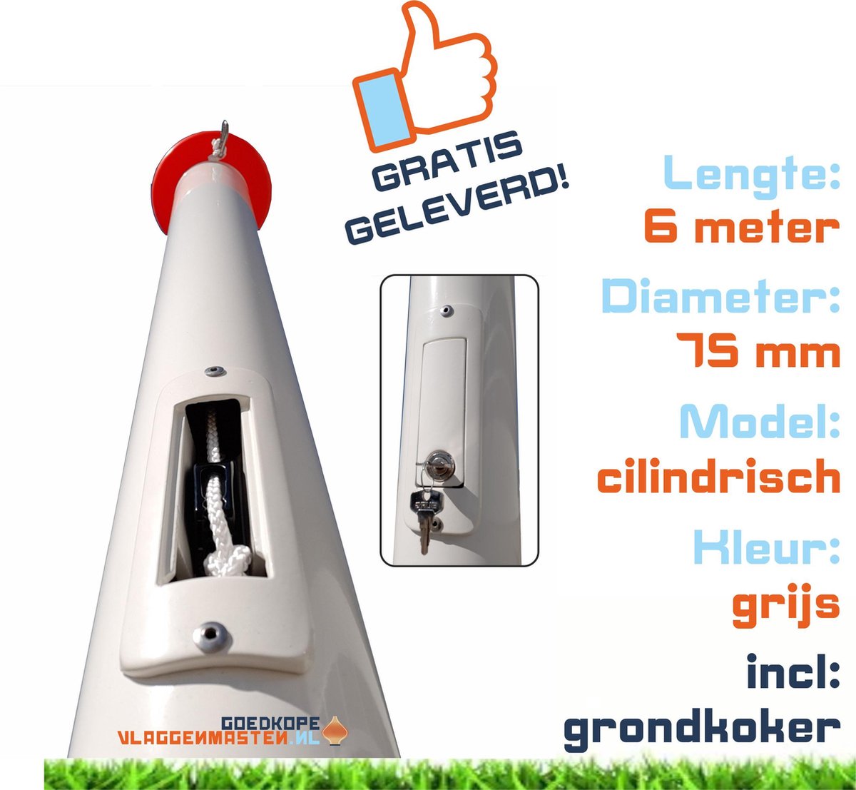 Onderhoudsvrije vlaggenmast anti-diefstal 6 meter aluminium cilindrisch 75 mm grijs geanodiseerd met cilinderslot en contra-gewicht en grondkoker - 7506a2a