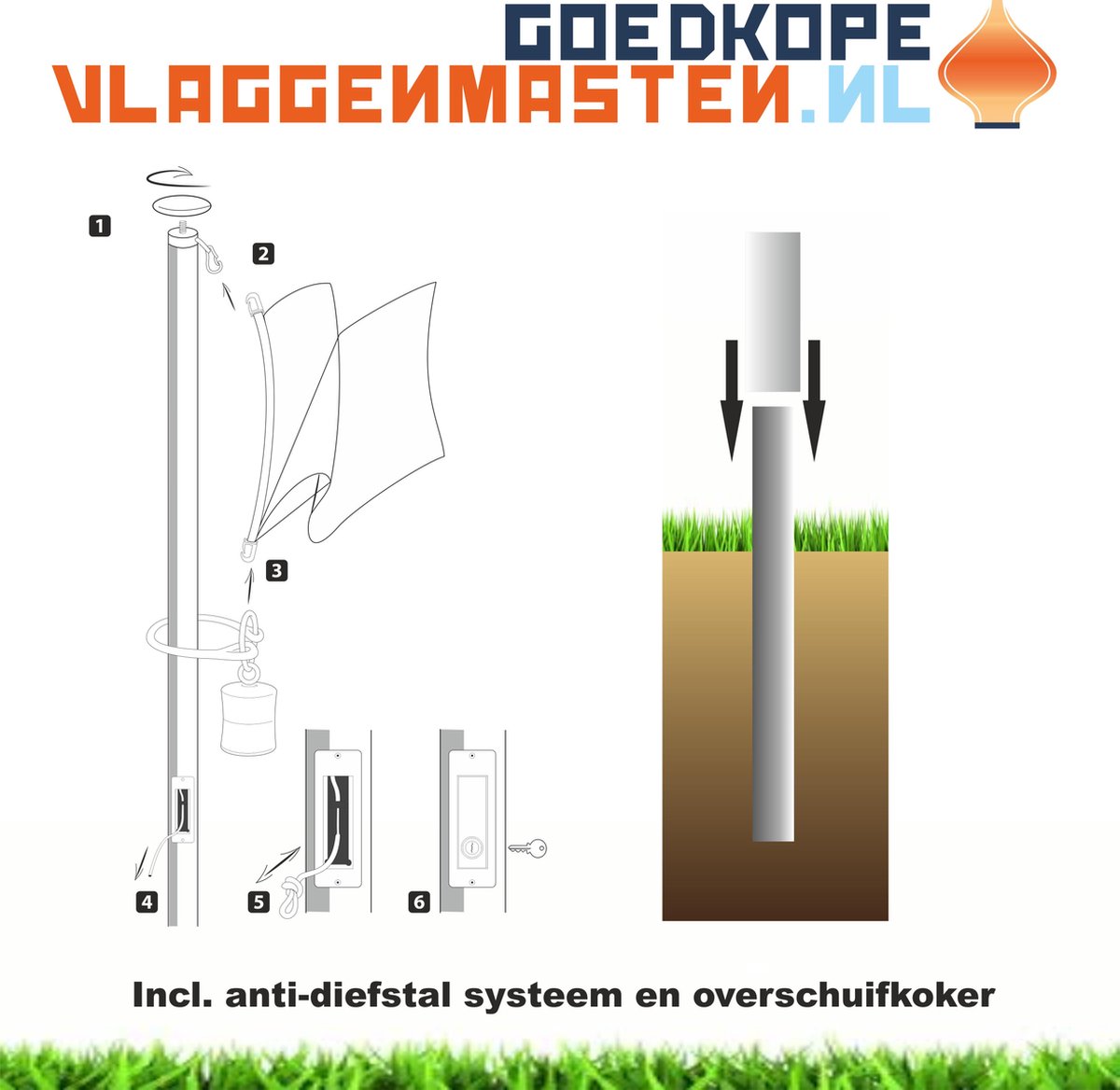 Onderhoudsvrije vlaggenmast anti-diefstal 6 meter aluminium cilindrisch 75 mm grijs geanodiseerd met cilinderslot en contra-gewicht en overschuifkoker - 7506a2b