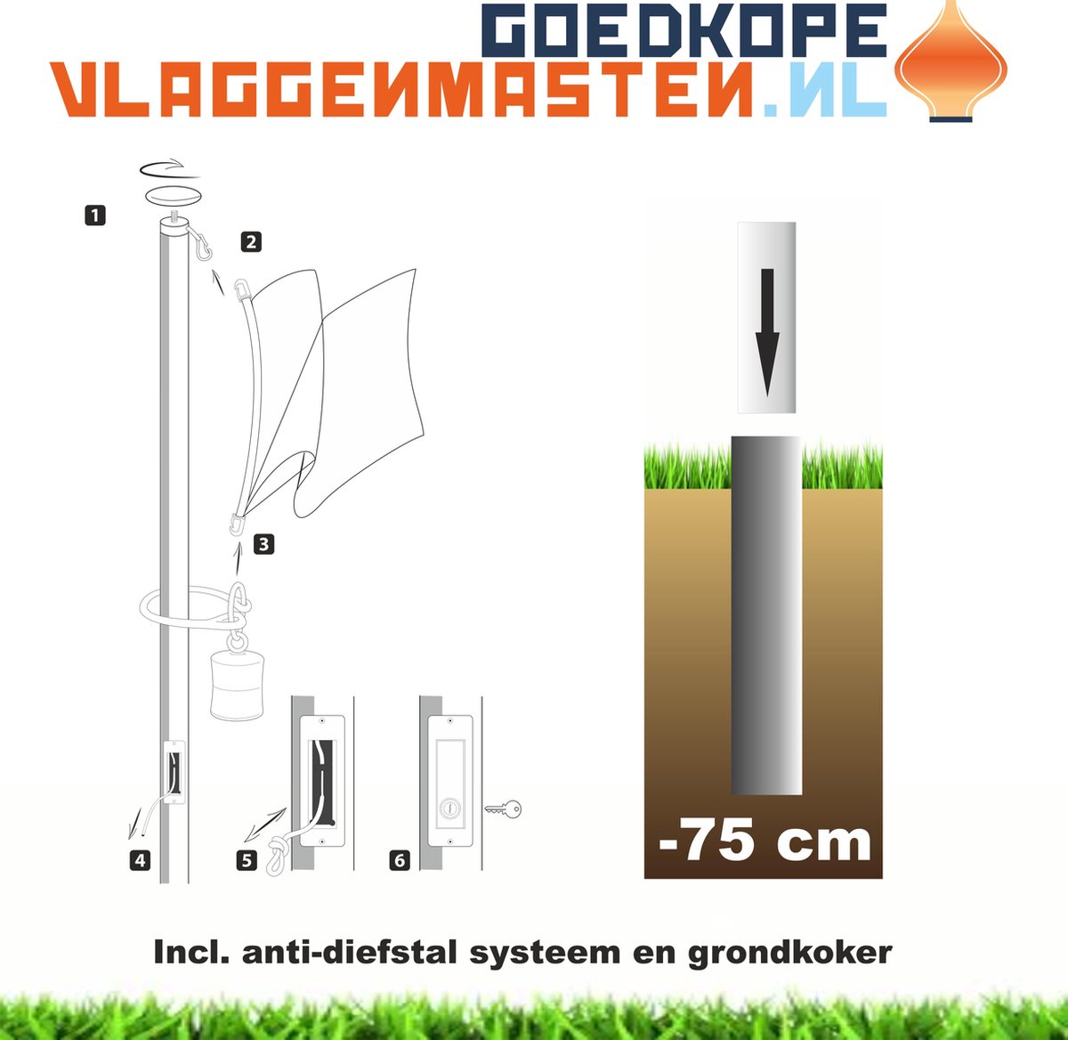 Onderhoudsvrije vlaggenmast anti-diefstal 6 meter aluminium conisch 100-60 mm wit gecoat met cilinderslot, contra-gewicht en grondkoker - 1206W2A