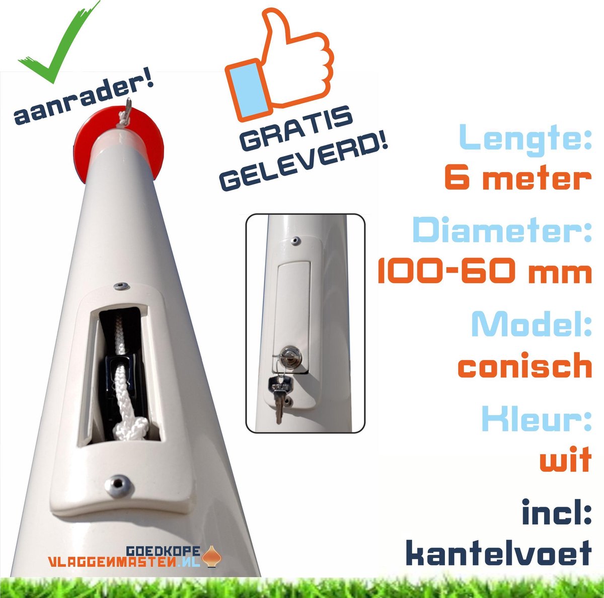 Onderhoudsvrije vlaggenmast anti-diefstal 6 meter aluminium conisch 100-60 mm wit gecoat met cilinderslot, contra-gewicht en kantelvoet - 1206W2C