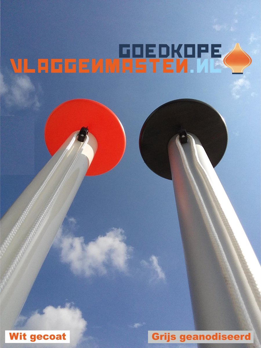 Onderhoudsvrije vlaggenmast anti-diefstal 6 meter aluminium conisch 100-60 mm wit gecoat met cilinderslot, contra-gewicht en overschuifkoker - 1206W2B