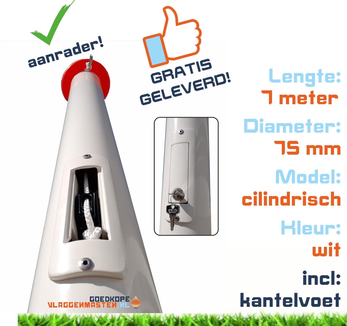 Onderhoudsvrije vlaggenmast anti-diefstal 7 meter aluminium cilindrisch 75 mm wit gecoat met cilinderslot, contra-gewicht en kantelvoet - 7507W2C