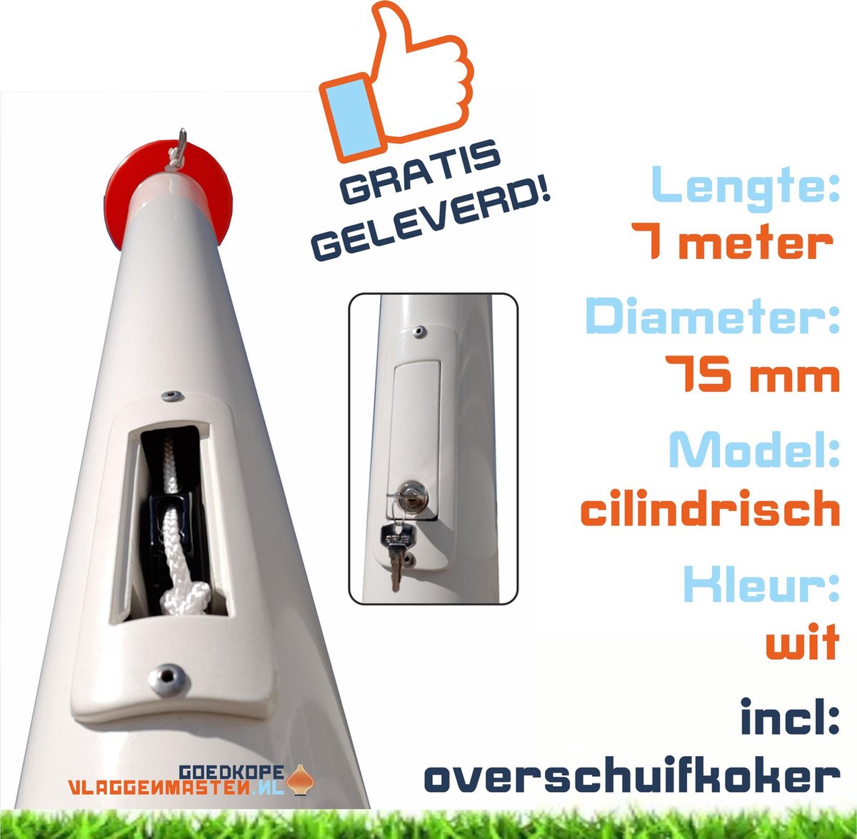 Onderhoudsvrije vlaggenmast anti-diefstal 7 meter aluminium cilindrisch 75 mm wit gecoat met cilinderslot, contra-gewicht en overschuifkoker - 7507W2B