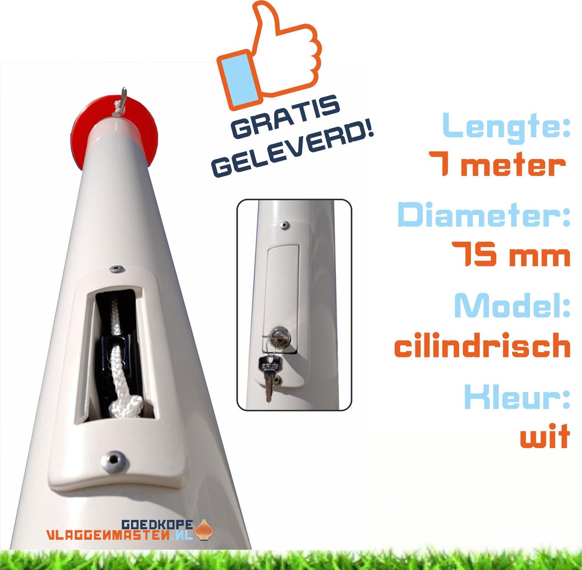 Onderhoudsvrije vlaggenmast anti-diefstal 7 meter aluminium cilindrisch 75 mm wit gecoat met cilinderslot en contra-gewicht - 7507W2 (zonder grondbevestiging)