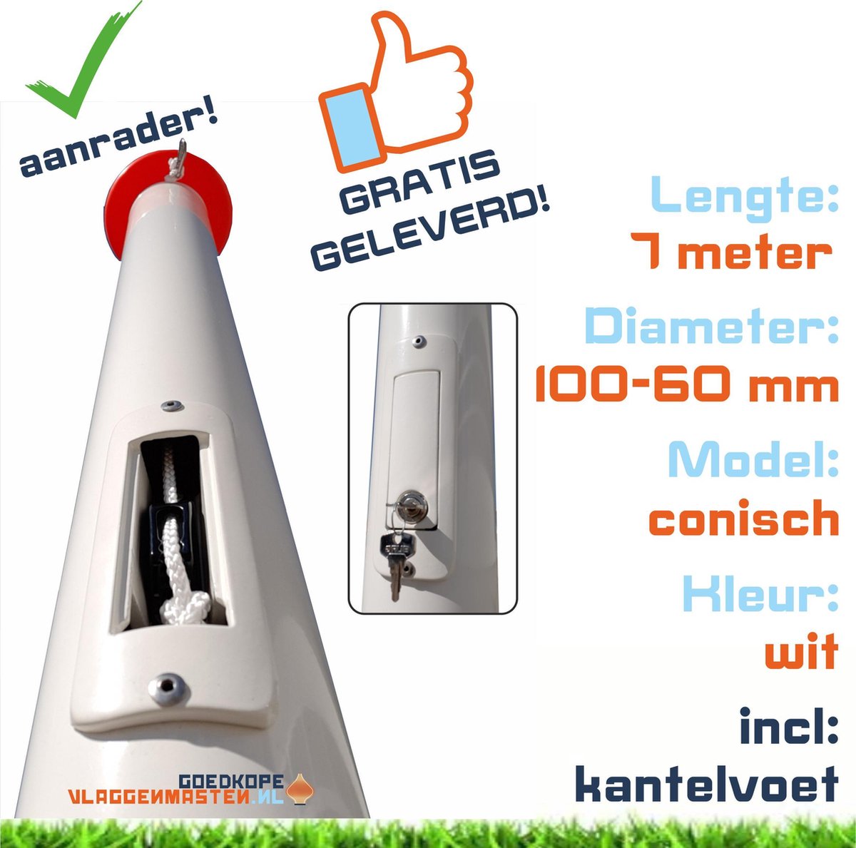 Onderhoudsvrije vlaggenmast anti-diefstal 7 meter aluminium conisch 100-60 mm wit gecoat met cilinderslot, contra-gewicht en kantelvoet - 1207W2C