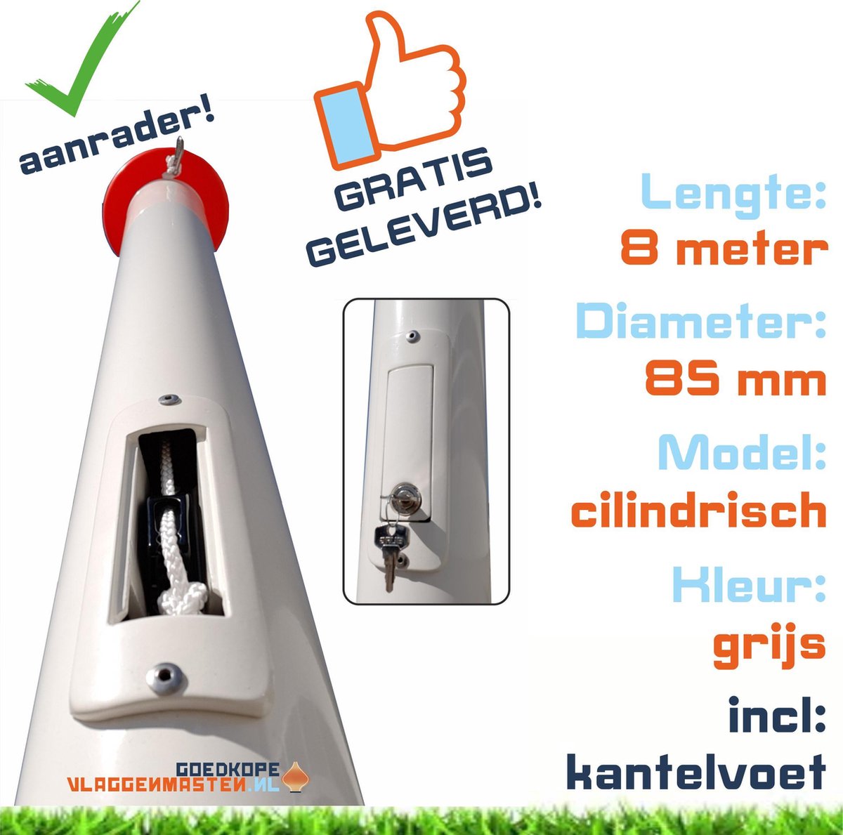 Onderhoudsvrije vlaggenmast anti-diefstal 8 meter aluminium cilindrisch 85 mm grijs geanodiseerd met cilinderslot en contra-gewicht en kantelvoet - 8508A2C