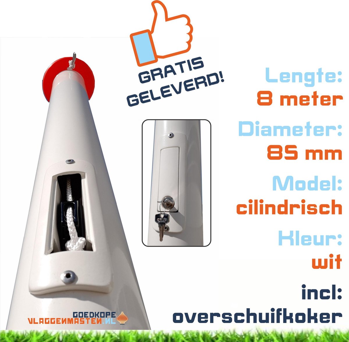 Onderhoudsvrije vlaggenmast anti-diefstal 8 meter aluminium cilindrisch 85 mm wit gecoat met cilinderslot, contra-gewicht en overschuifkoker - 8508W2B