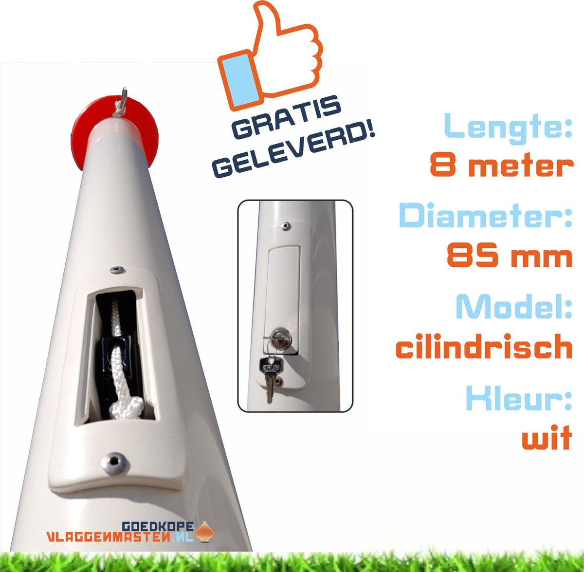 Onderhoudsvrije vlaggenmast anti-diefstal 8 meter aluminium cilindrisch 85 mm wit gecoat met cilinderslot en contra-gewicht - 8508W2 (zonder grondbevestiging)