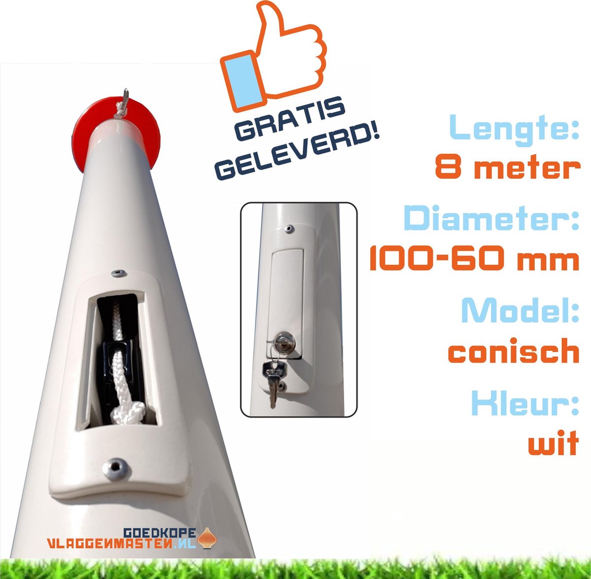 Onderhoudsvrije vlaggenmast anti-diefstal 8 meter aluminium conisch 100-60 mm wit gecoat met cilinderslot en contra-gewicht - 1208W2 (zonder grondbevestiging)