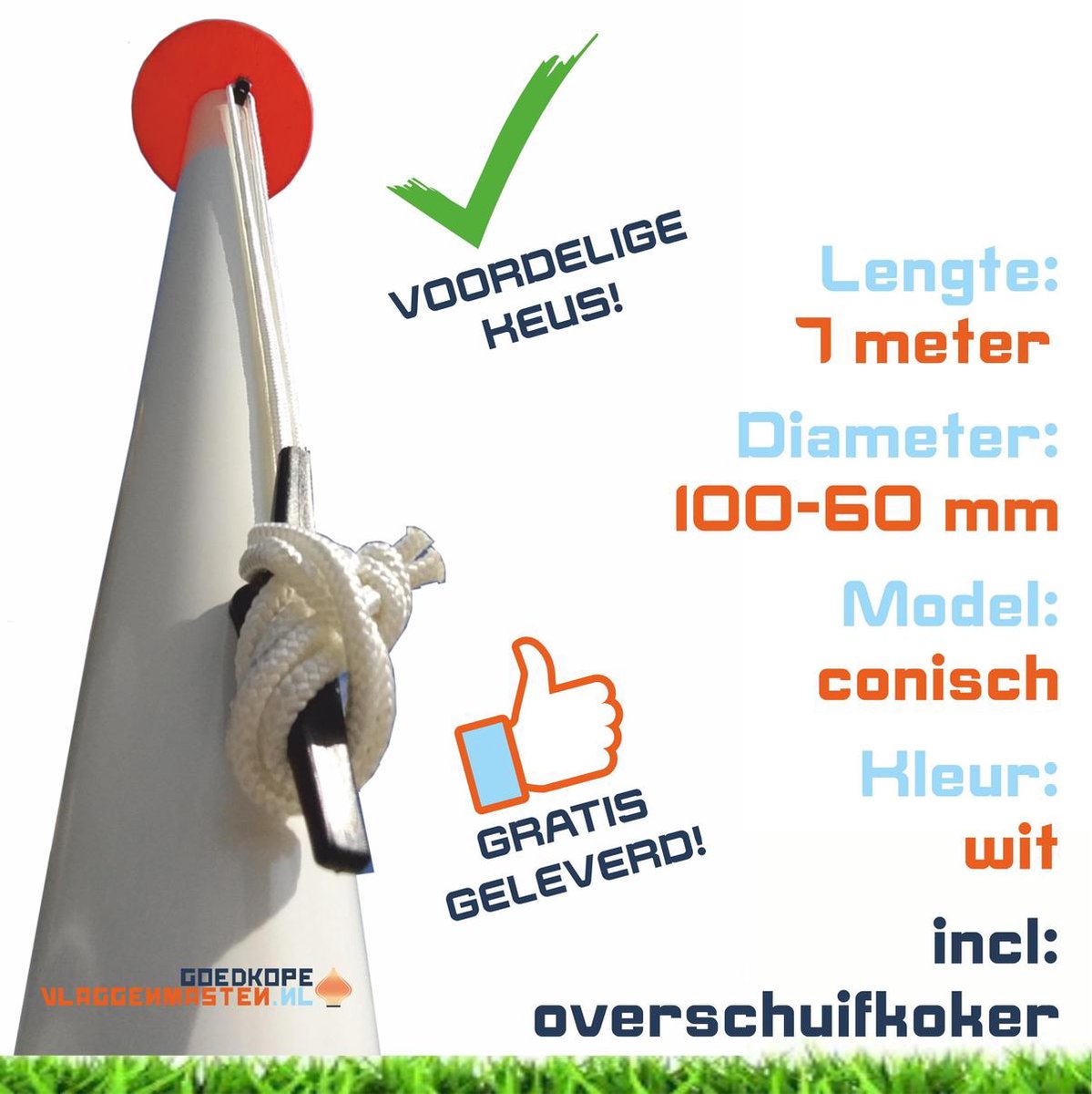 Sterke En Onderhoudsvrije Vlaggenmast - Cilindrisch 100-60 mm - 7 m - Aluminium - Inclusief Kikker, Koord, Geleide-oog En Overschuifkoker - Wit Gecoat