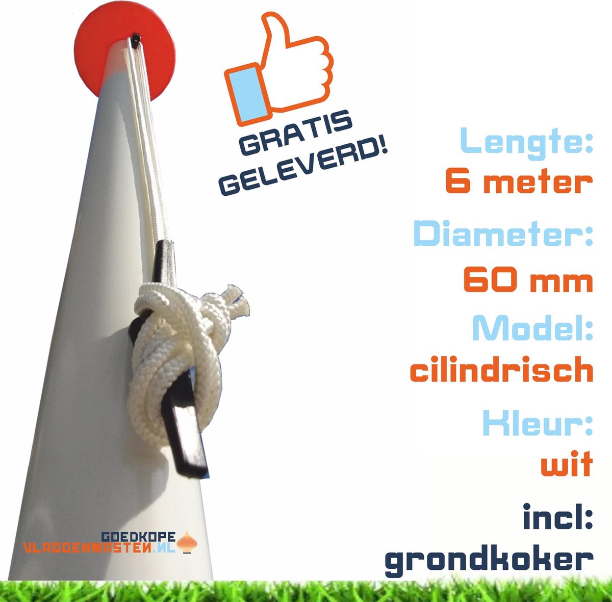 Sterke En Onderhoudsvrije Vlaggenmast - Cilindrisch 65 mm - 6 m - Aluminium - Inclusief Kikker, Koord, Geleide-oog En Grondkoker - Wit Gecoat