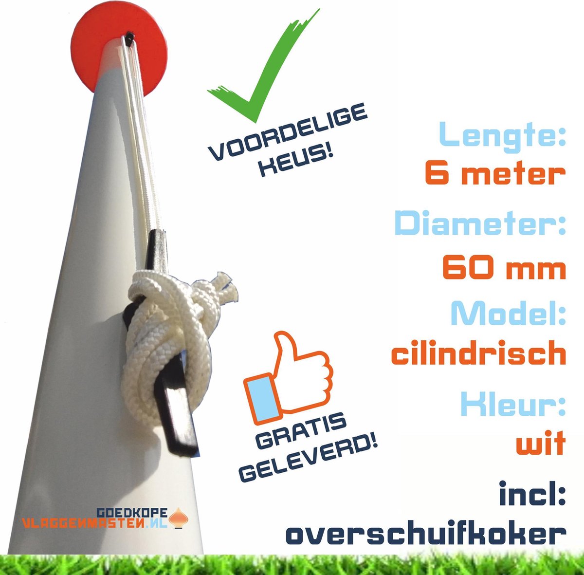 Sterke en onderhoudsvrije 6 meter  vlaggenmast aluminium cilindrisch 65 mm wit gecoat incl. kikker, koord, geleide-oog en overschuifkoker - 6506W1B