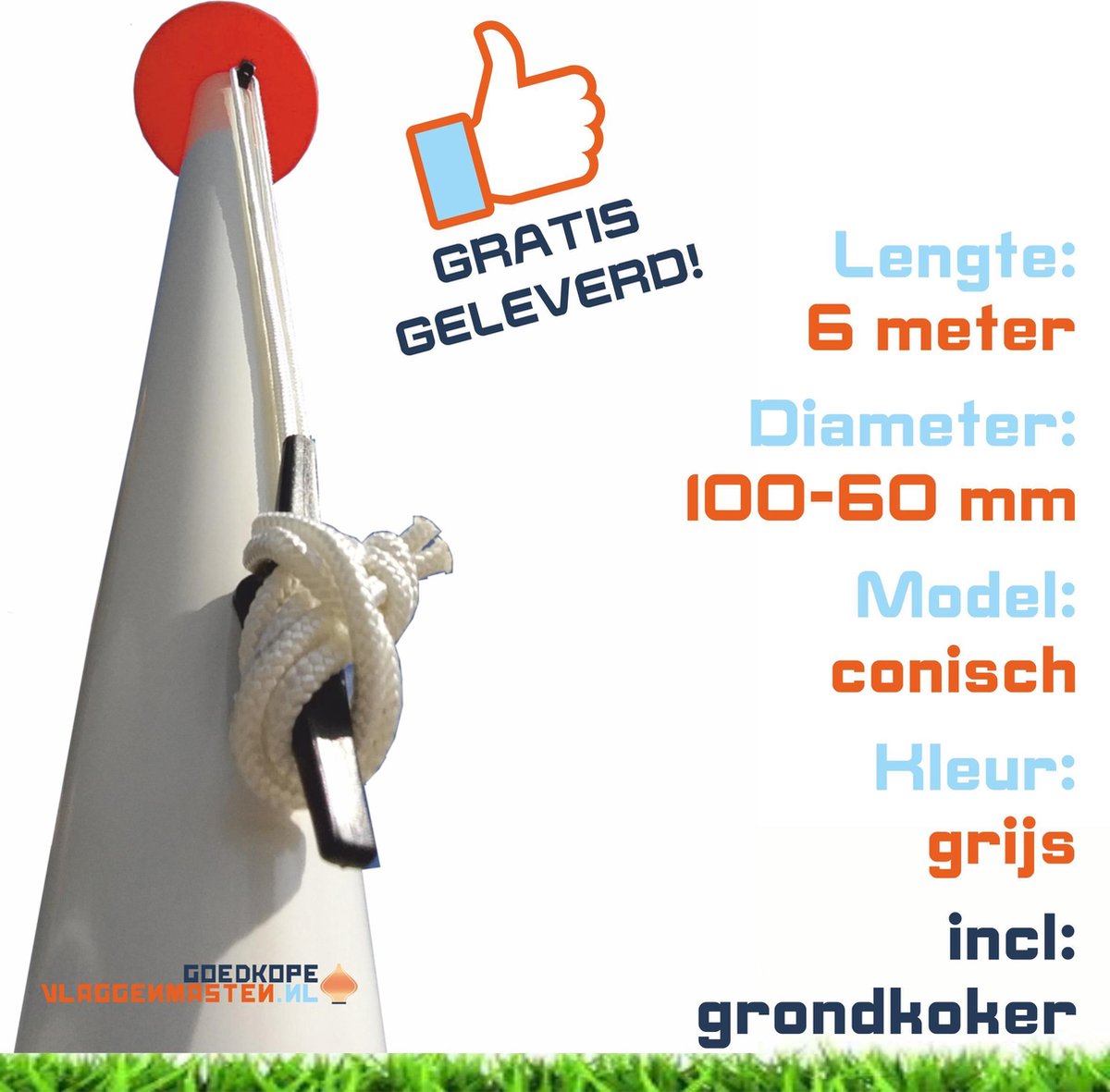 Sterke en onderhoudsvrije 6 meter vlaggenmast aluminium conisch 100-60 mm grijs geanodiseerd  incl. kikker, koord, geleide-oog en grondkoker - 1206A1A