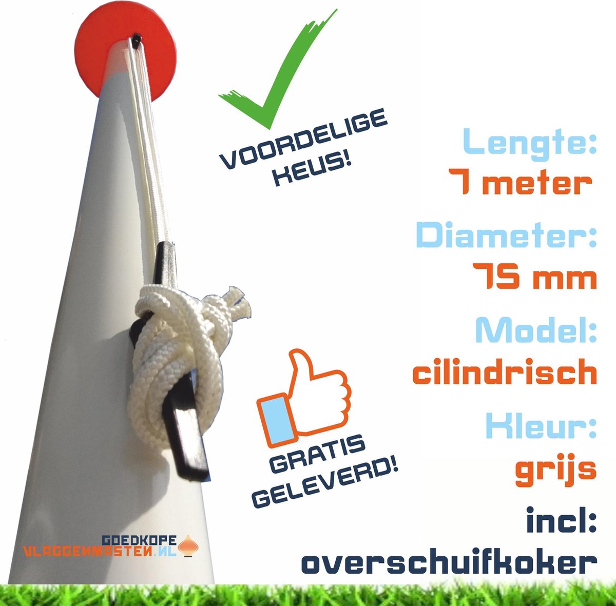 Sterke en onderhoudsvrije 7 meter  vlaggenmast aluminium cilindrisch 75 mm grijs geanodiseerd incl. kikker, koord, geleide-oog en overschuifkoker - 7507A1B