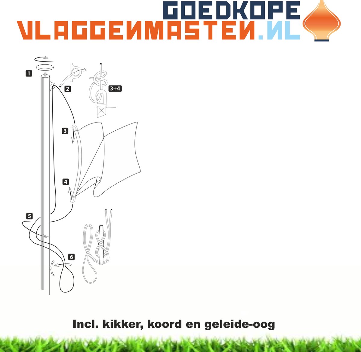 Sterke en onderhoudsvrije 7 meter vlaggenmast aluminium cilindrisch 75 mm wit gecoat incl. kikker, koord en geleide-oog - 7507W1 (zonder grondbevestiging)