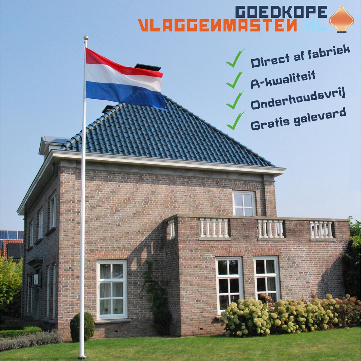 Sterke en onderhoudsvrije 7 meter vlaggenmast aluminium cilindrisch 75 mm wit gecoat incl. kikker, oog, geleide-oog en kantelvoet - 7507W1C