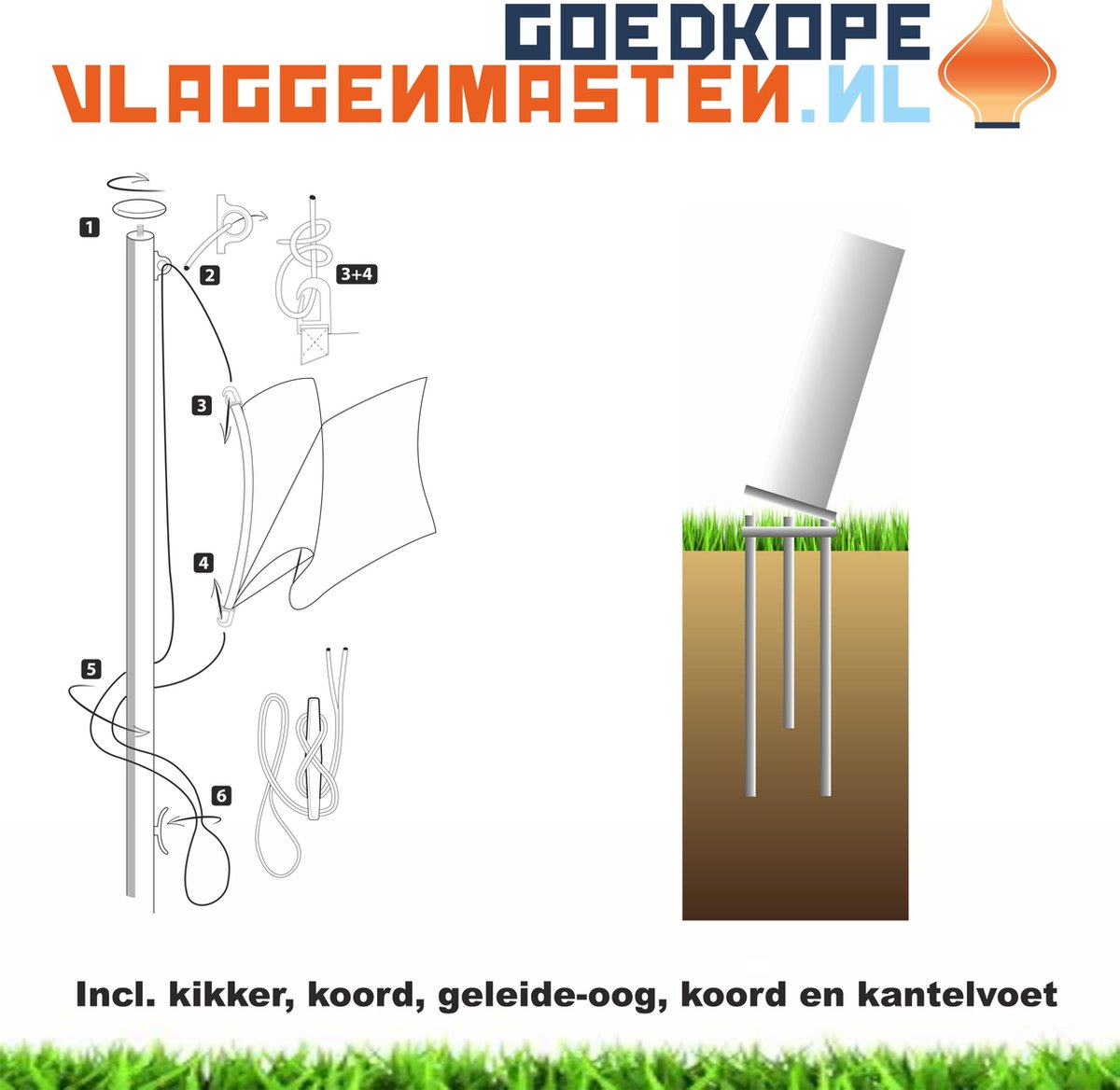 Sterke en onderhoudsvrije vlaggenmast aluminium conisch 6 meter 100-60 mm grijs geanodiseerd met kantelvoet - 1206A1C