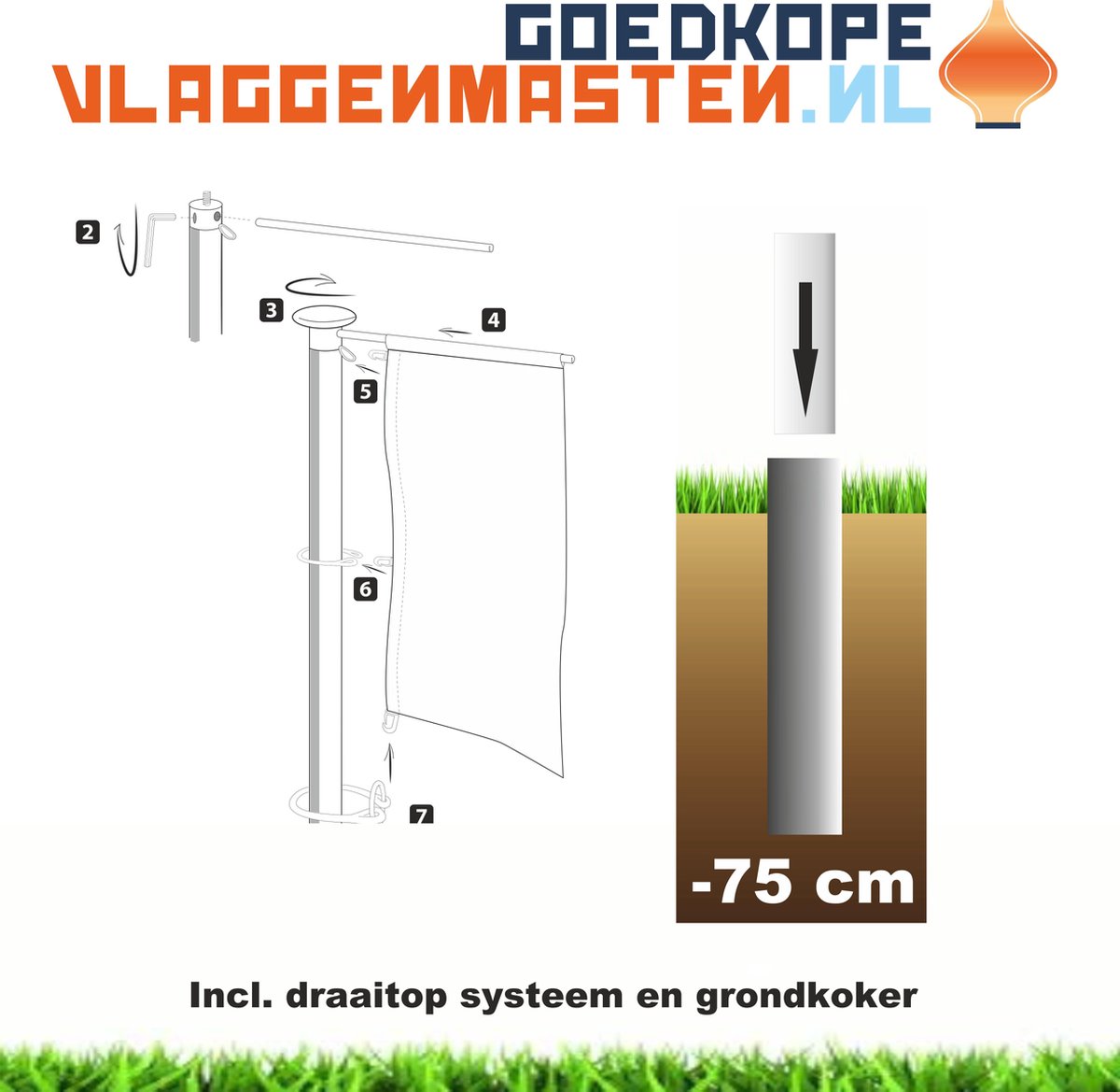 Vlaggenmast draaitop systeem met banieruithouder, 7 meter aluminium cilindrisch 75 mm wit gecoat compleet knop, geleidingsringen, contragewicht en grondkoker - 7507w3a