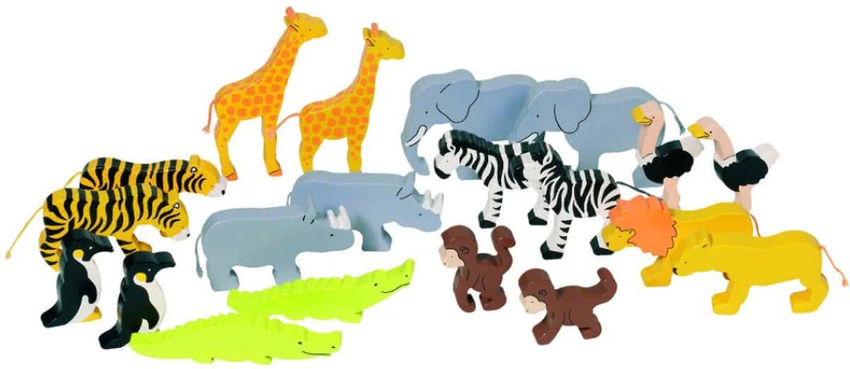 Figuren van hout: SET DIEREN VAN AFRIKA L3,5-7,5cm, bevat 20