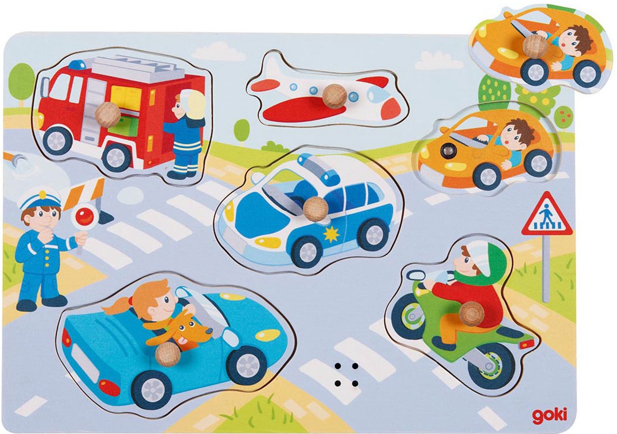 Goki Houten Noppenpuzzel Voertuigen met Geluid, 6st.
