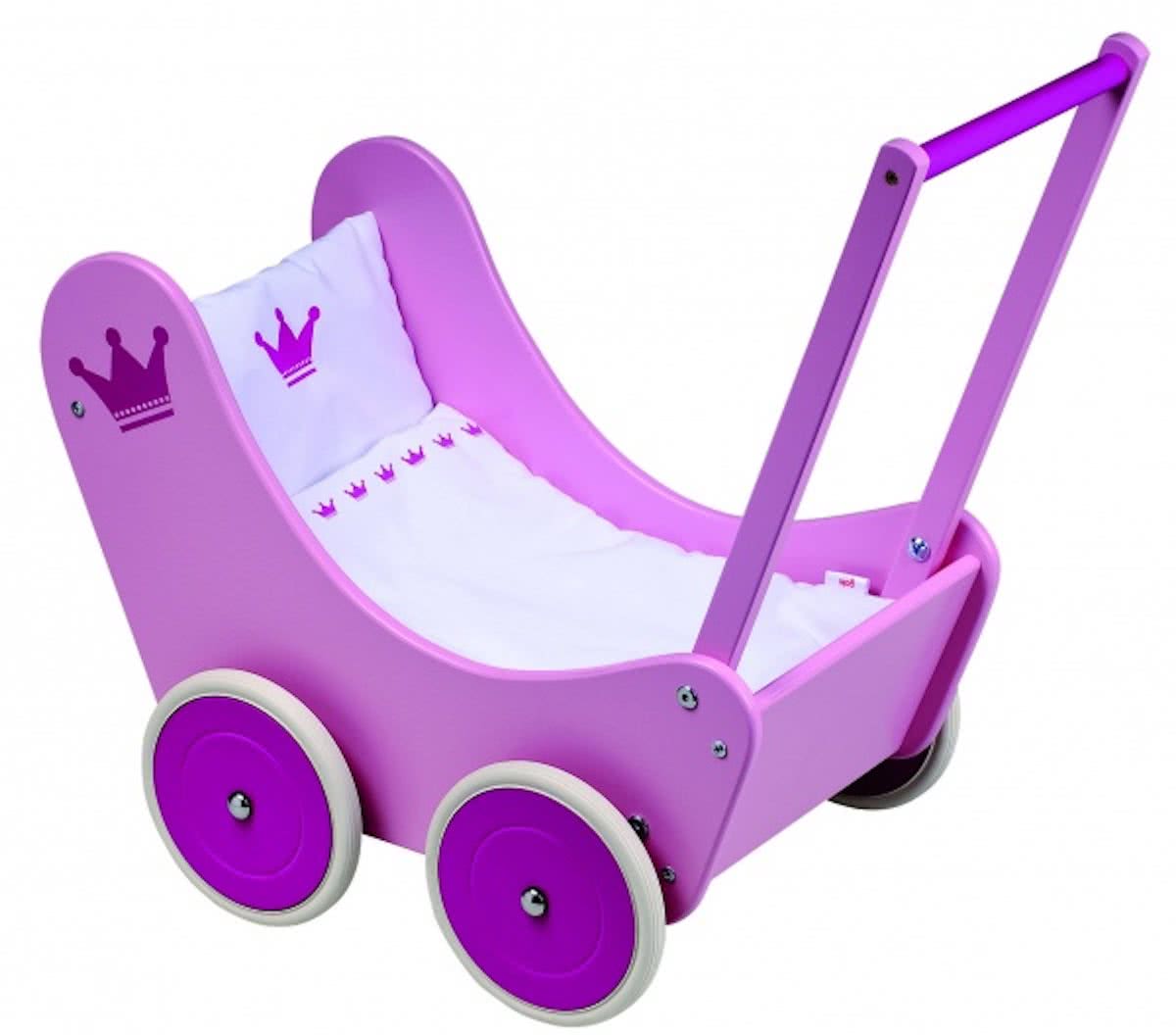   Poppenwagen roze kroontje met beddengoed 58 x 33 x 52 cm