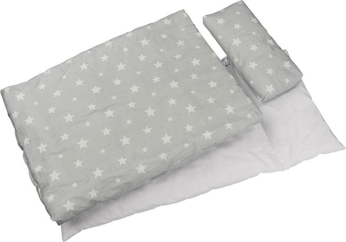 Poppenbed: BEDDENGOED STERRENHEMEL, grijs/wit, 3-delig,  dekbed 41x31cm, hoofdkussen 22x10cm en matras 54x25cm, 3+