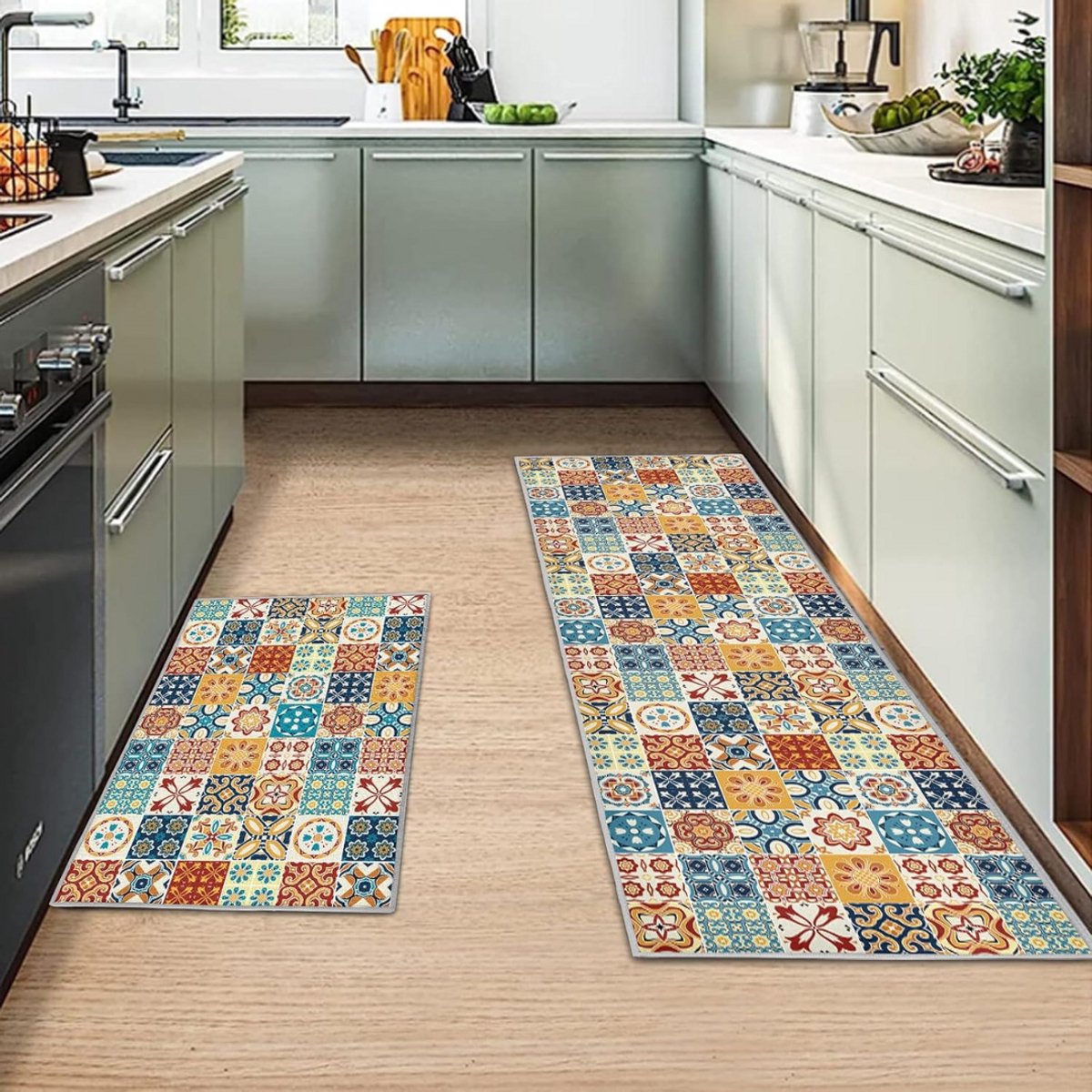 Goodivery ® Set van 2 keukentapijten, antislip keukenmatten, keukenloper, wasbaar antislip, keukentapijt voor keuken, woonkamer, eetkamer, badkamer ( Geometrisch A2 , 40x120 cm + 40 x 60 cm