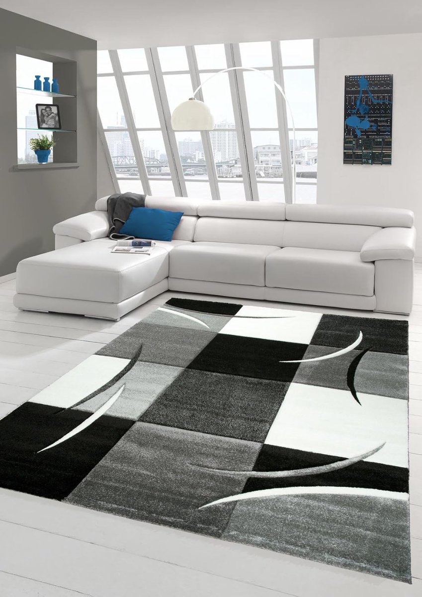Goodivery ® Stijlvol Modern Vloerkleed voor de Woonkamer met Kortpolig Design en Contourensnede in Grijs, Wit en Zwart 160x230 cm