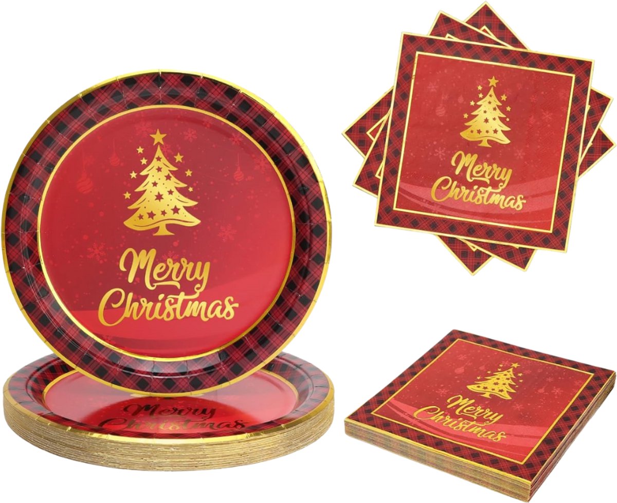  ® - Christmas Paper Plates - Kerstmis papieren borden en servetten 50 stuks - 23 cm kerstmis borden en servetten papier - Feest servies met gouden kerstboom en tartan ontwerp voor kerstmis decoraties