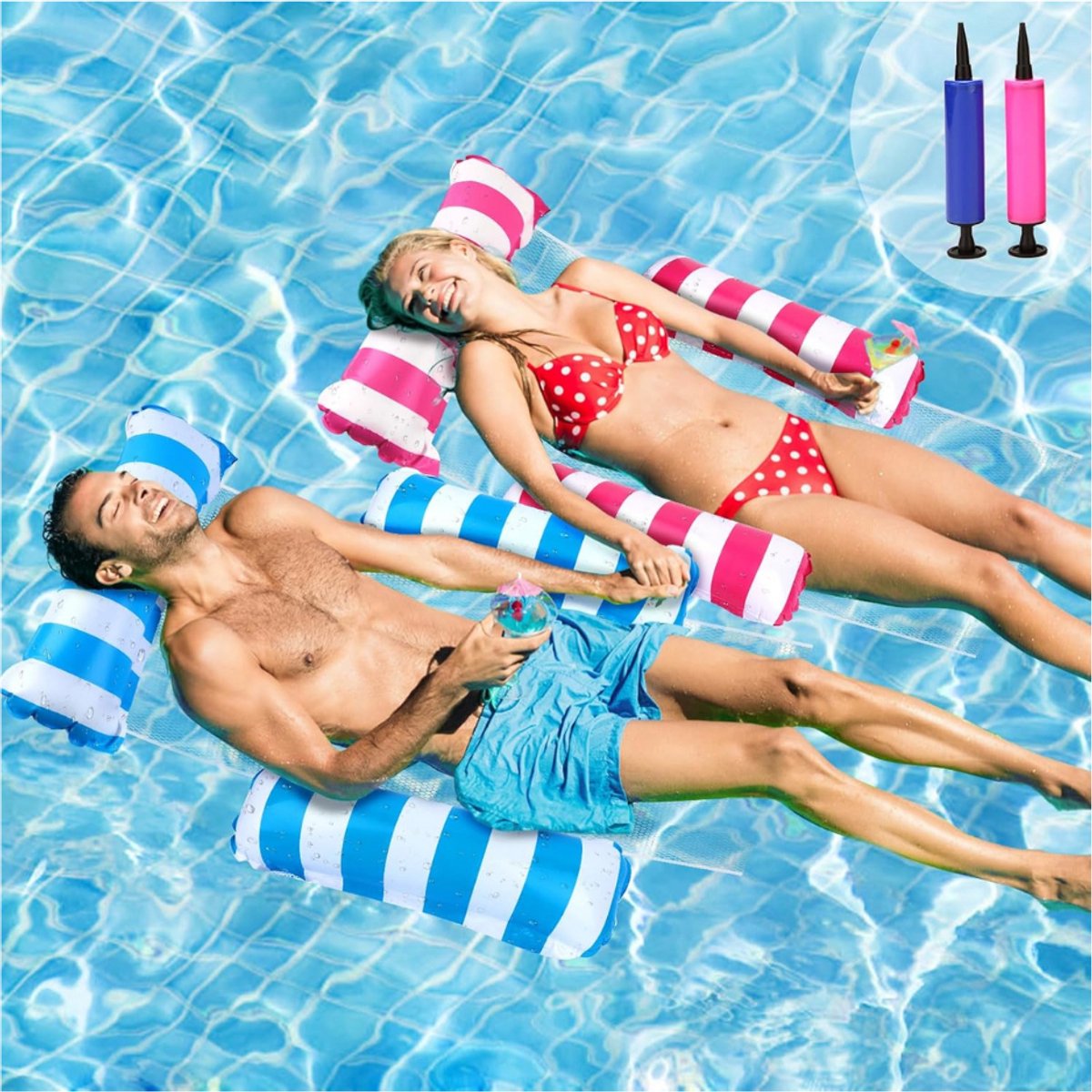  ® - Luchtmatras - Zwembad - 2 Stuks - Waterhangmat Voor Volwassenen - Opblaasbaar Matras Voor Zwembad - Watermatras - 4-In-1 Hangmat Voor Zwembad Met 2 Infloatorpomp - Opblaasbare Zwemring - Speelgoed