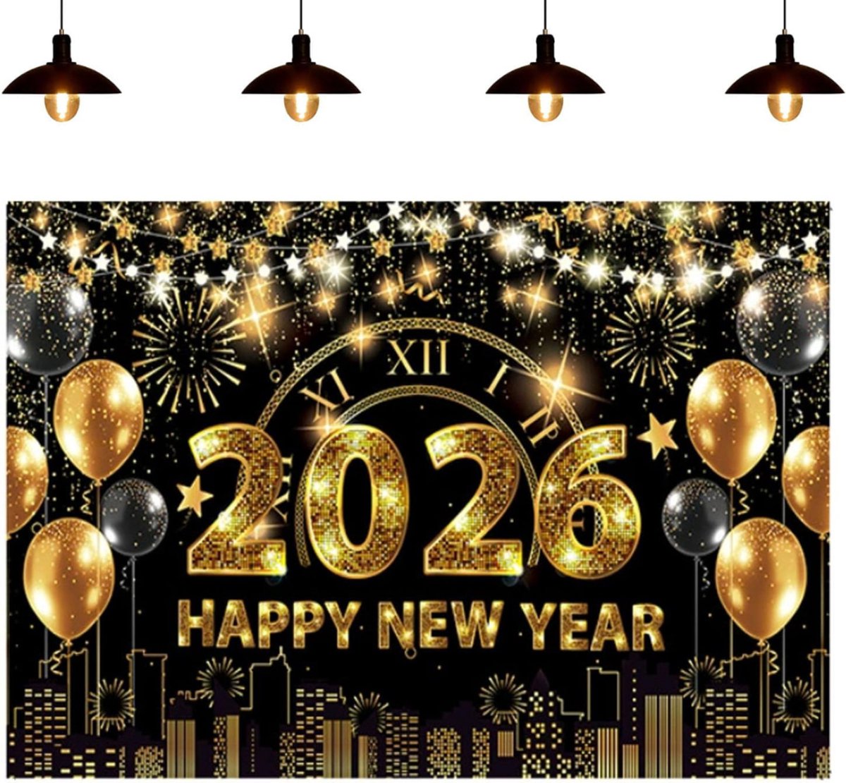  ® - New Year Banner - Gelukkig Nieuwjaar 2026-banner - Extra grote Gelukkig Nieuwjaar-banner met slingers - Zwart-gouden klok en vuurwerk als achtergrond voor oudejaarsavond en kerstfeestversieringen - (180 x 108 cm)