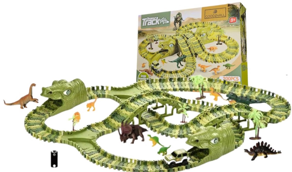   Dino Autobaan Speelgoed Dinosaurus Speelgoed Flexibele   Elektrisch voor Kinderen met Speelgoed Auto en Extra Dinosaurussen Speelfiguren - Eenvoudig te Monteren - Eindeloos Combineren - Veel Speelplezier