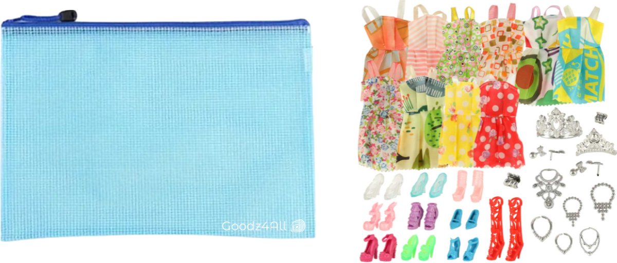 Goodz4All Kleding voor Modepoppen en Accessoires past de bekendere modepop - 43 Elementen met handige Opbergtas met Rits- Modepop - Poppenkleding - Kleertjes - Poppenkleertjes - 10 Complete Outfits