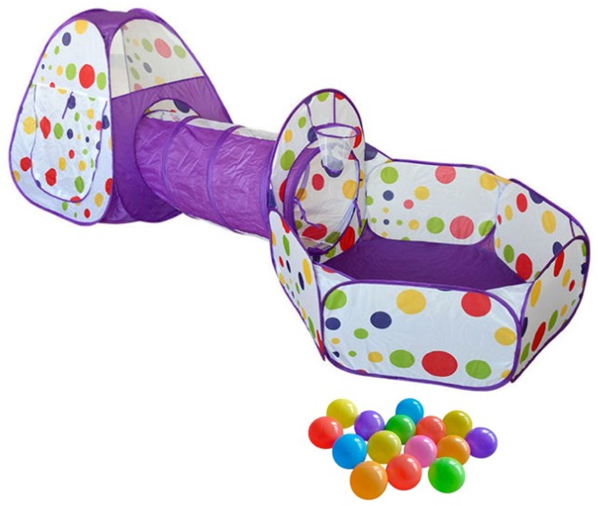   Paarse Tunneltent 3-in-1   Pop Up Tent met Ballenbak en Tunnel Kruiptunnel met 15 Ballen Kinderen– Kindertent Speelhuisje met Speeltunnel en Ballenbad en 15 Ballenbakballen