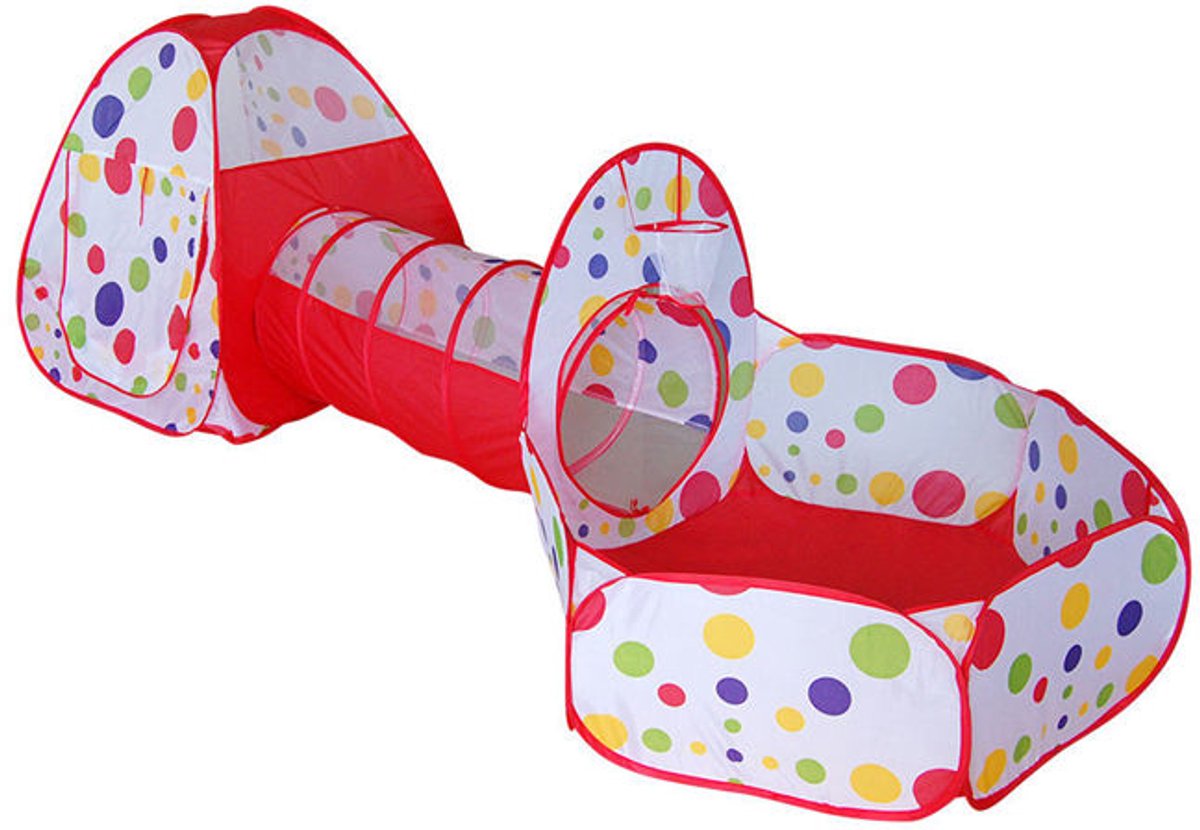   Rode Tunneltent 3-in-1   Pop Up Tent met Ballenbak en Tunnel Kruiptunnel Kinderen– Kindertent Speelhuisje met Speeltunnel en Ballenbad