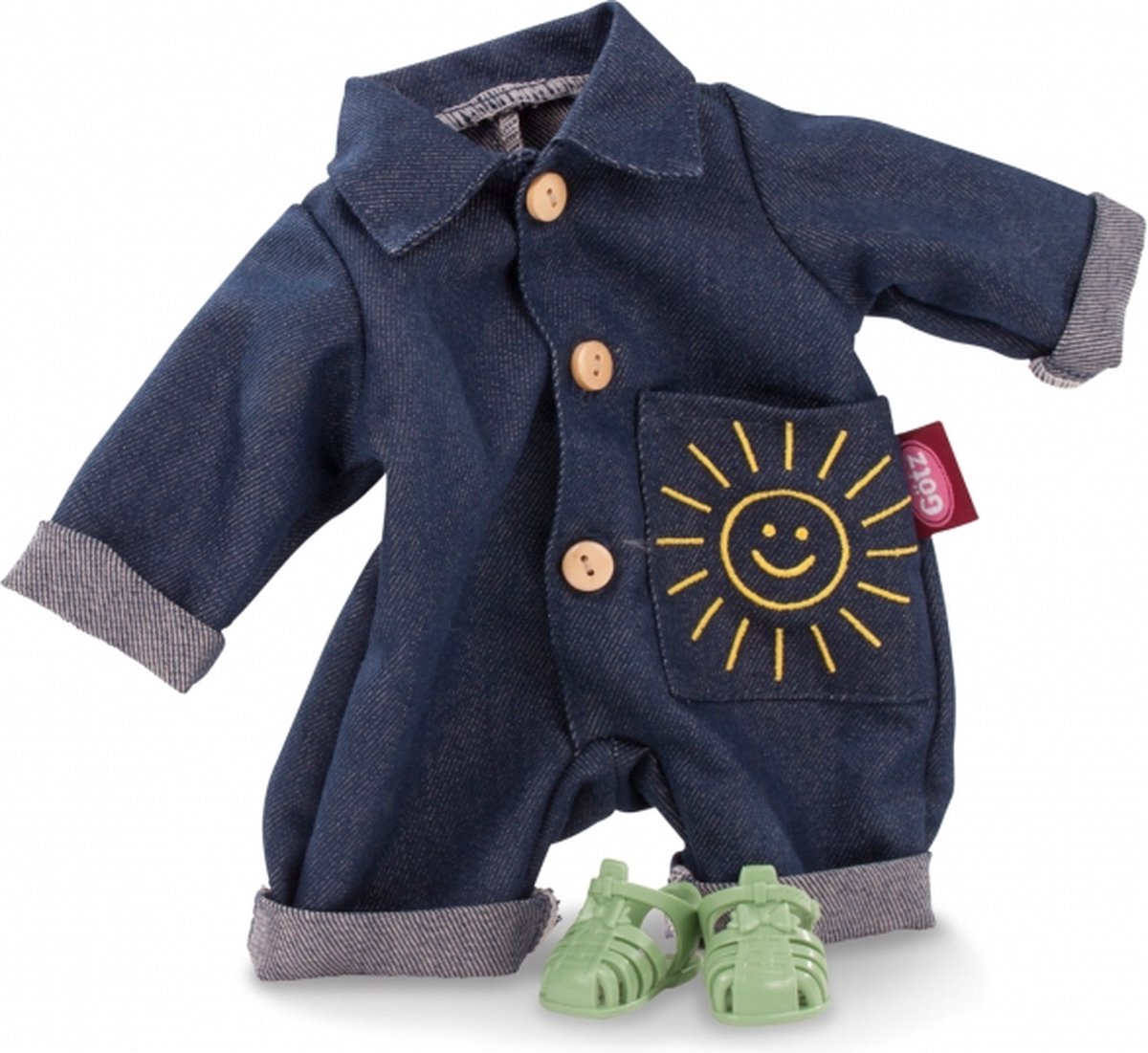 Götz poppenkleding denim jumpsuit met groene sandaaltjes voor babypop van 30-33cm