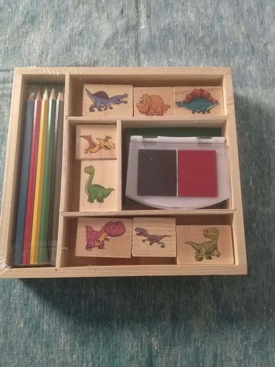 Dinosaur houten stempel set 15 delig/ met kleurboek willekeurig