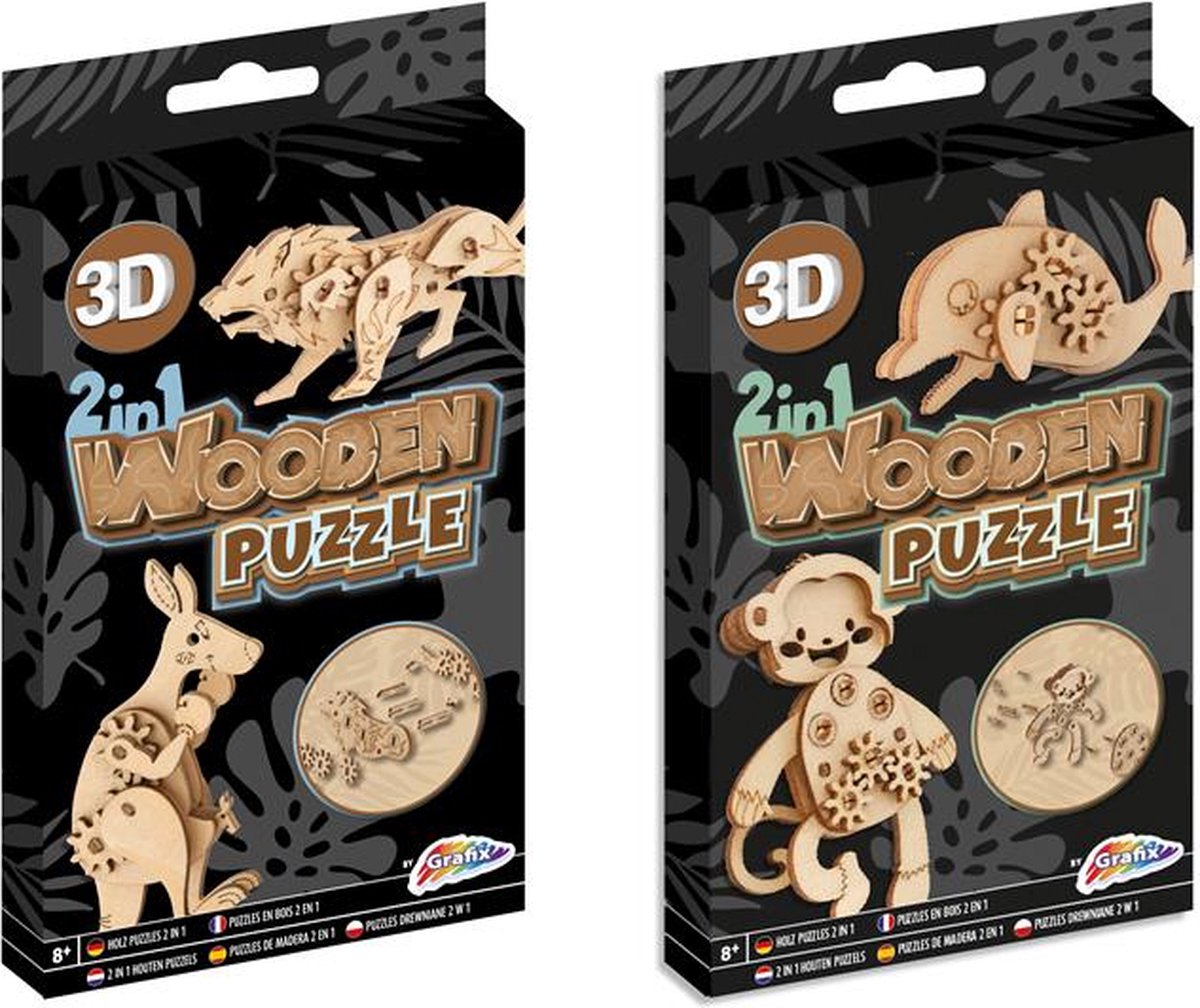 Grafix 2-in-1 Houten 3D dierenpuzzels 10cm- Leeftijd vanaf 8 jaar