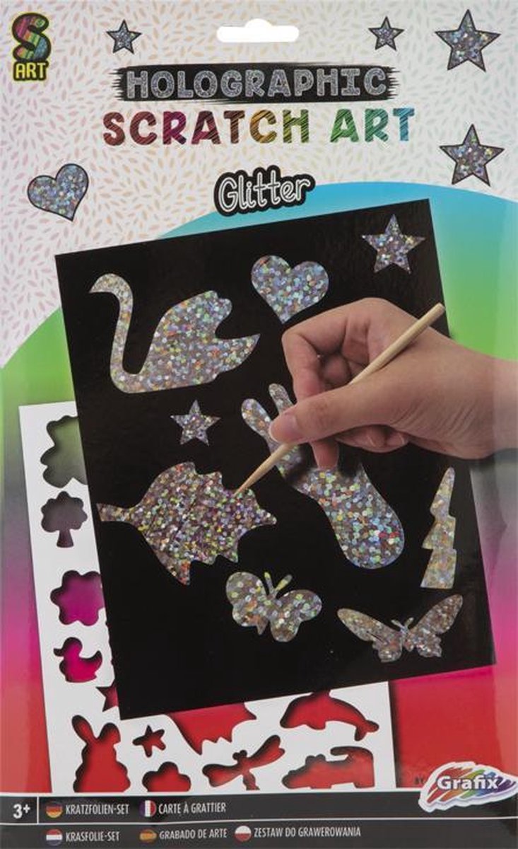 Krastekeningen voor kinderen - Glitter - Scratch Art - 4 stuks - Inclusief houtpen - Inclusief stencils