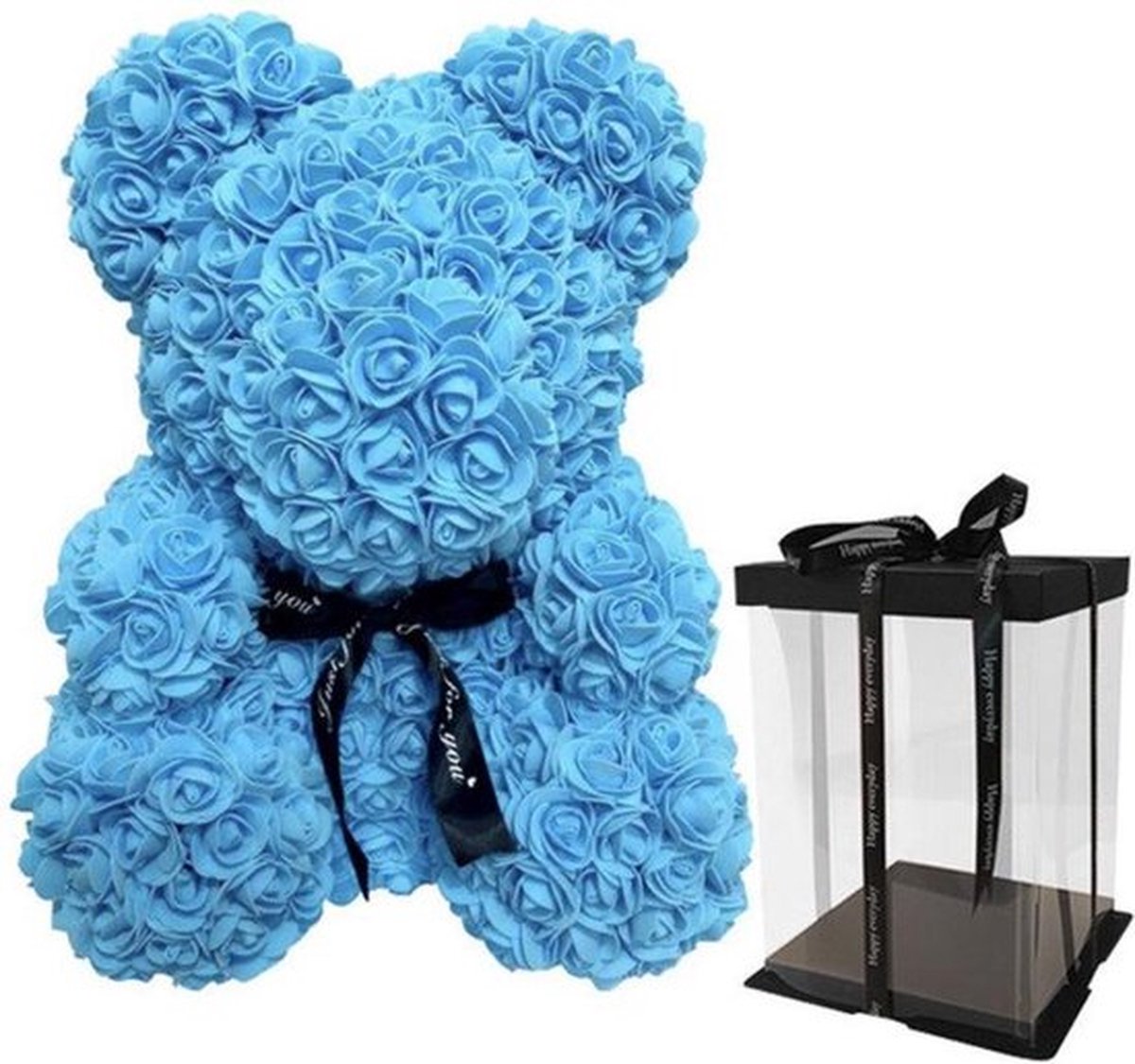 GreatGift® - Blauwe Rozen Beer 25 cm + 75 rozenblaadjes - in Luxe verpakking -Rose Bear - Teddy Beer - Blauw - Romantisch Cadeau - Valentijn - Cadeau voor haar