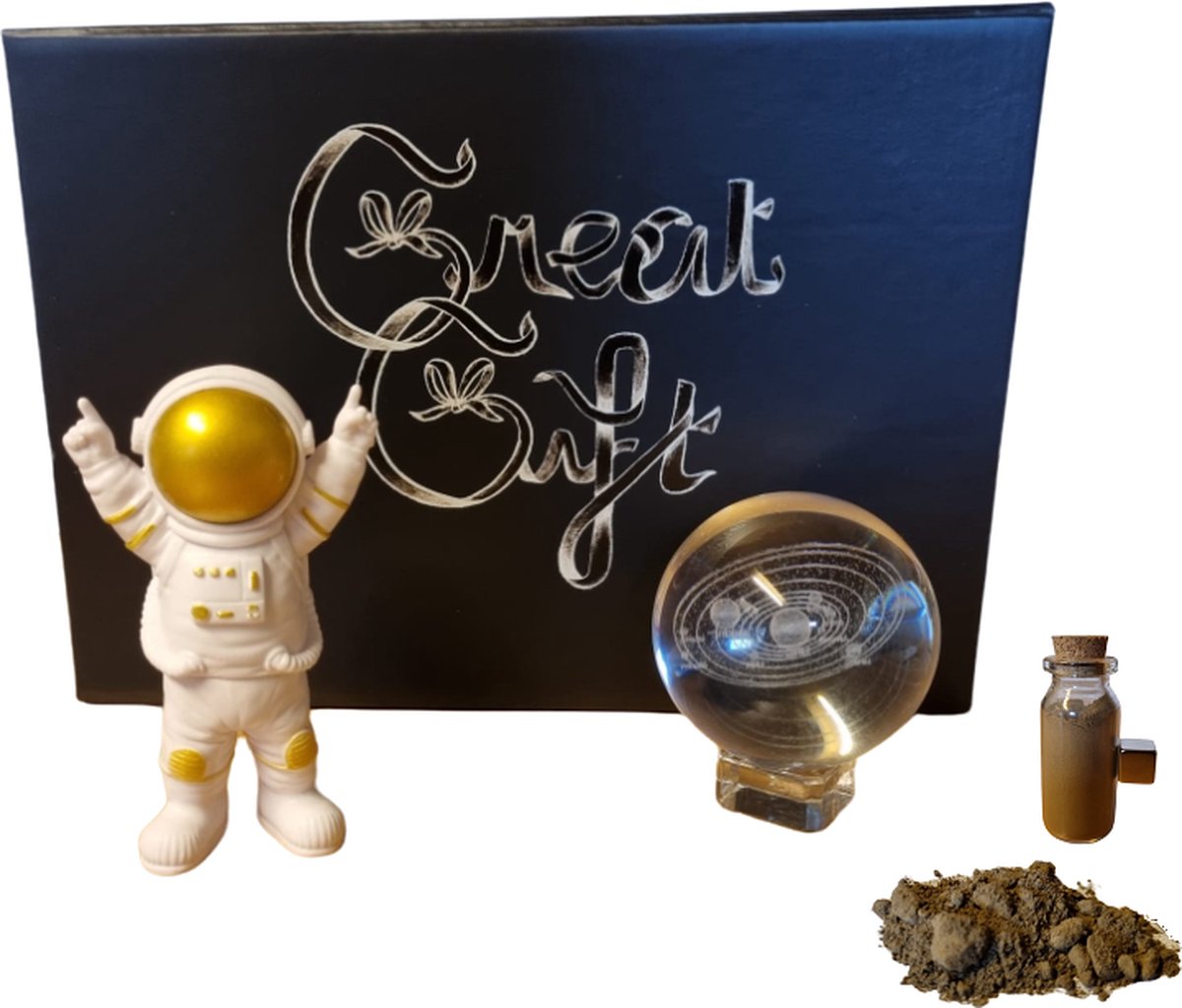 GreatGift® - Meteoriet - Cadeaupakket Met echte Meteorieten - Meteoriet stof in Glazen Pot- Astronaut - Glazen 3D bol - Heelal - Astrologie - Universum -